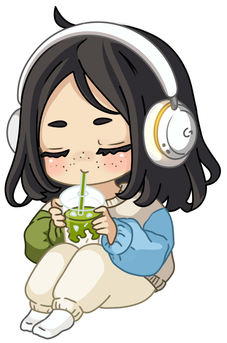 Chibi-Illustration von cozychumkin mit Headset, Iced Matcha Latte und Cozy Wear – Selfportrait für die About-Seite
